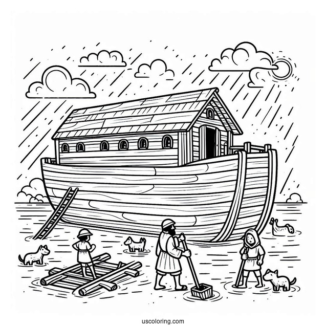 Noah's Ark Coloring Page Of Building The Ark With His Sons