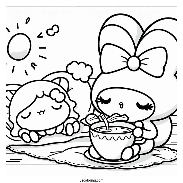 Kawaii My Melody Drinking Tea While Cinnamoroll Sleeps