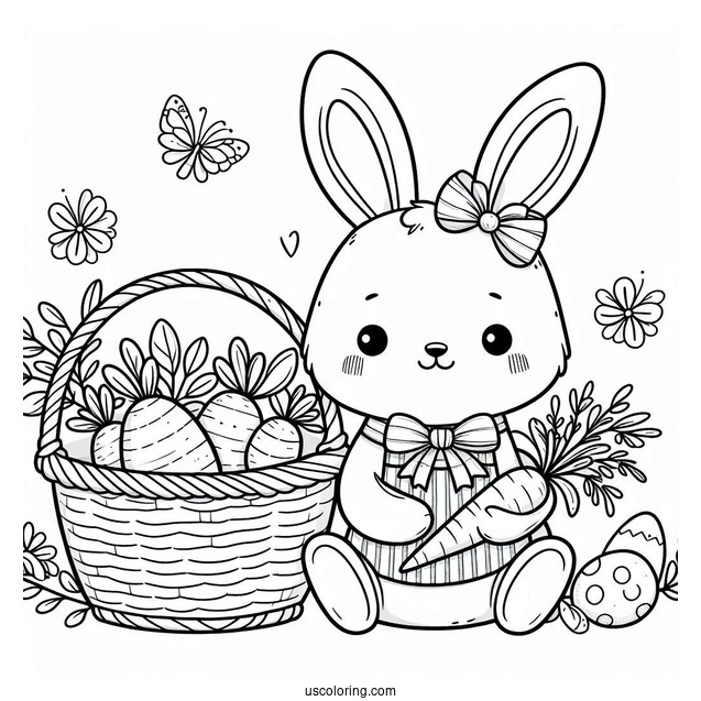 Lovely Easter Coloring Page Of Bunny With A Basket Of Carrots