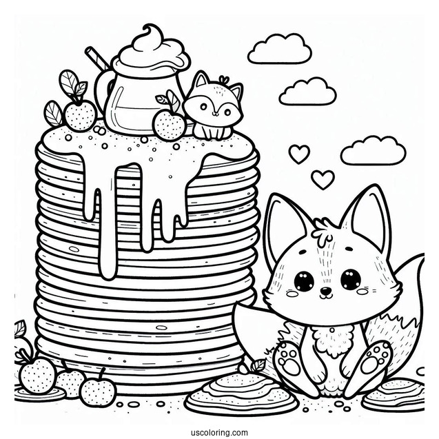 Easy Pancake Coloring Page Tower With Syrup And Tiny Foxes For Preschoolers