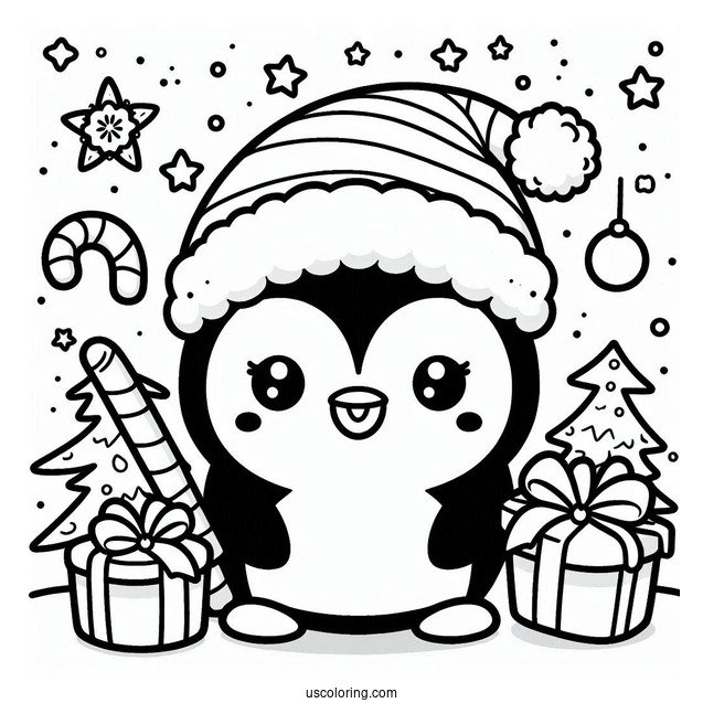 Kawaii Penguin Christmas Coloring Page