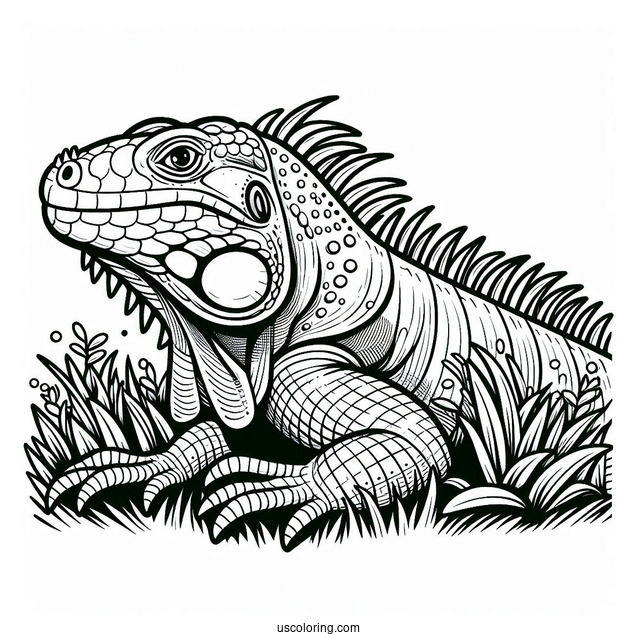 Lizard Coloring Page of Green Iguana On Grass