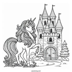 Beautiful Unicorn Standing Outside Of A Castle Coloring Page