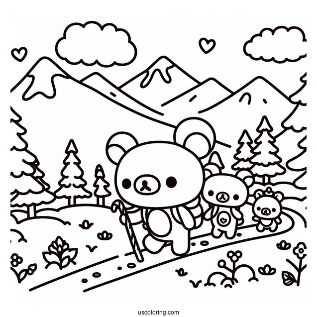 Rilakkuma Coloring Page Hiking With Kiiroitoiri, Korilakkuma, And Chairoikoguma