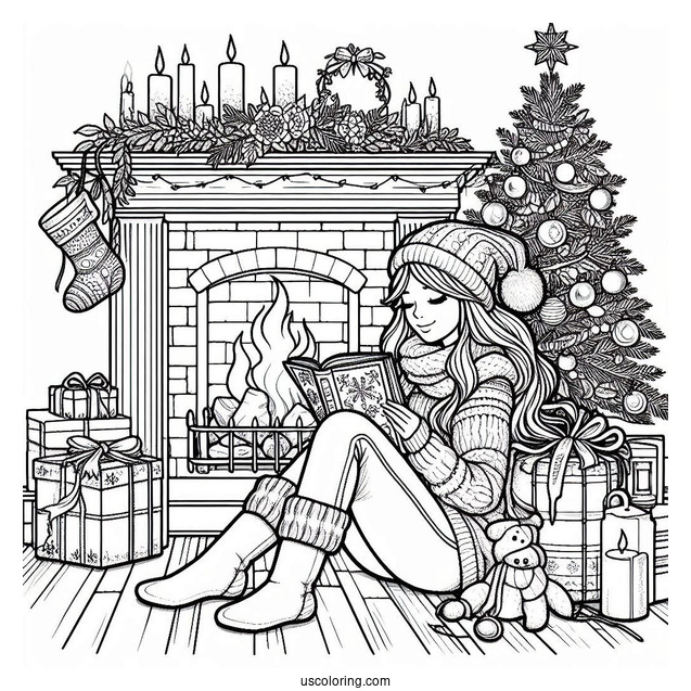 Christmas Coloring Pages For Adults Of Woman Sitting Beside The Fireplace With A Book On Christmas