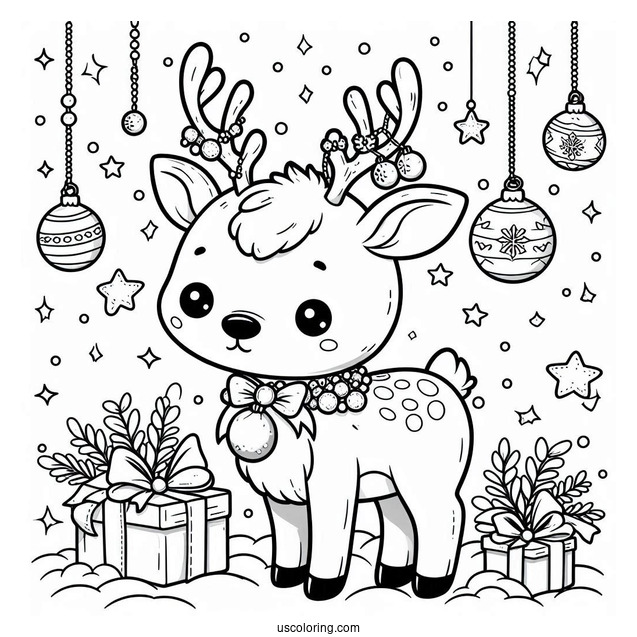 Cute Reindeer With Christmas Ornaments Hanging From Antlers