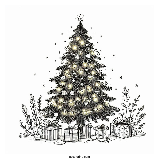 Christmas Tree With Light, Tinsel And Presents