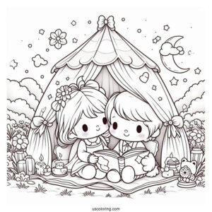 Precious Moments Coloring Page Of Girl And Boy Reading Inside Tent