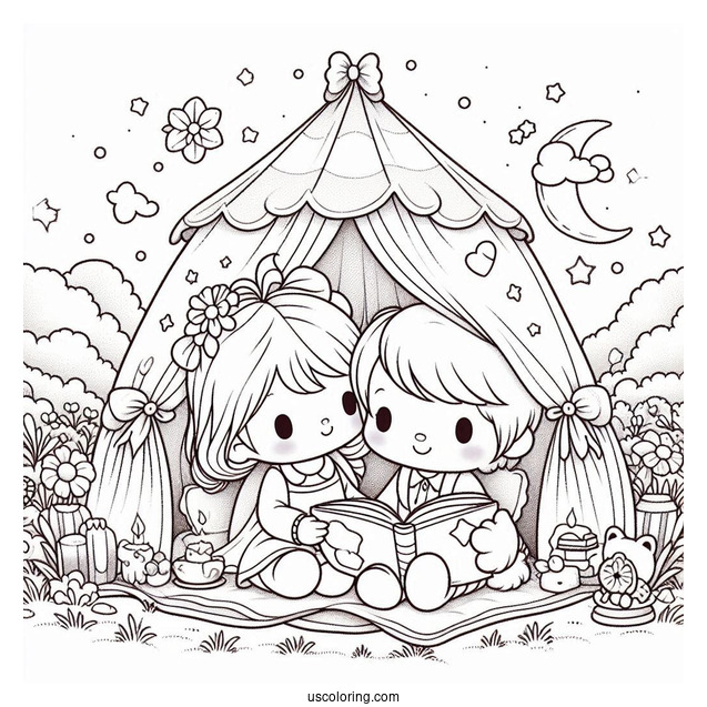 Precious Moments Coloring Page Of Girl And Boy Reading Inside Tent
