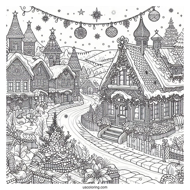 Christmas Coloring Pages For Adults Of Detailed Landscape Of Houses In Christmas Winter Wonderland