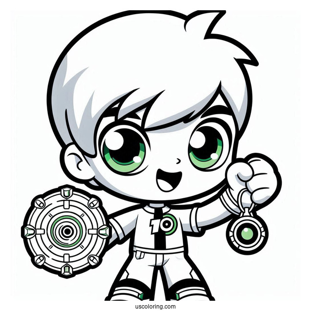 Ben 10 Coloring Page Of Kawaii Ben Ten Holding Up Omnitrix For Preschoolers