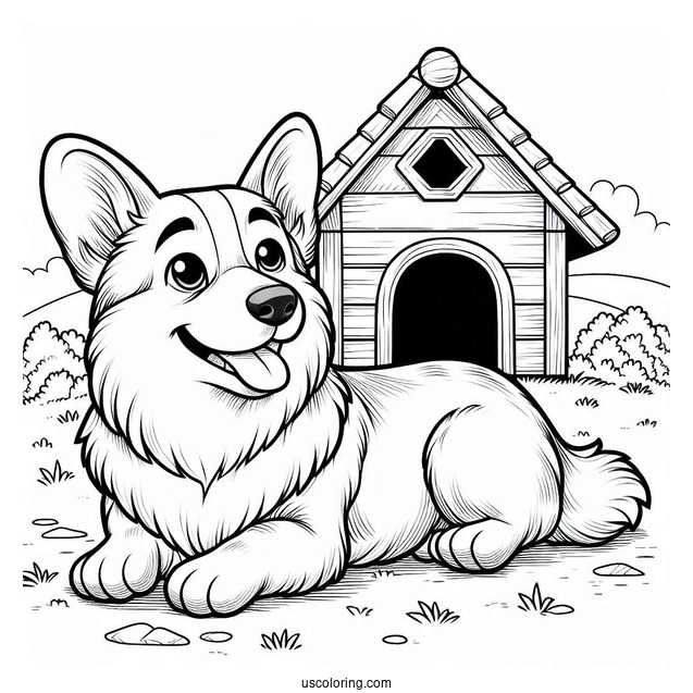 Smiling Corgi Coloring Page Lying Outside Dog House