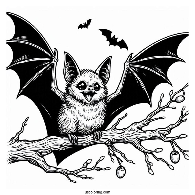 Scary Bat Coloring Page Roosting On Tree Branch