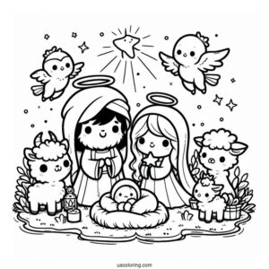 Kawaii Nativity Coloring Page With Animals Surrounding Joseph, Mary, And Jesus For Kids