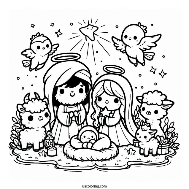 Kawaii Nativity Coloring Page With Animals Surrounding Joseph, Mary, And Jesus For Kids