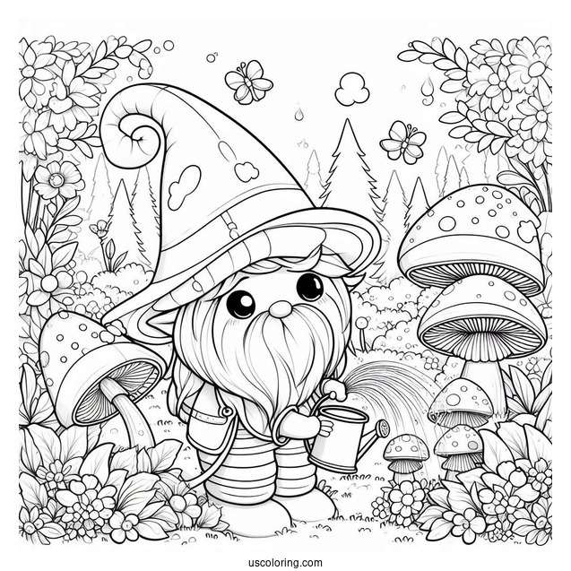 Chibi Coloring Page Gnome in a Fantasy Mushroom Forest Watering Flowers For Kids