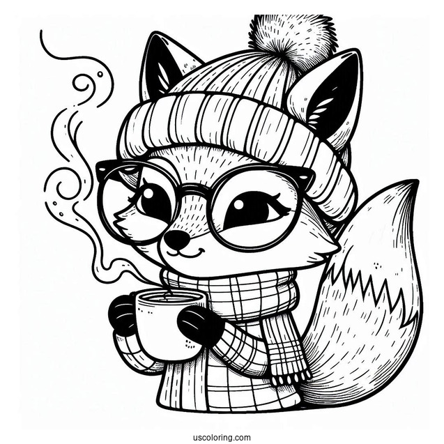 Smart Fox With A Beanie And Glasses Drinking Tea
