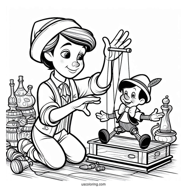 Figaro Playing With Puppet Pinocchio Coloring Page In Workshop