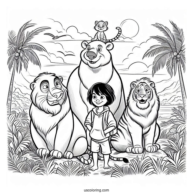 Jungle Book Coloring Page Of Mowgli, Baloo, King Louie, Shere Khan, And Kaa
