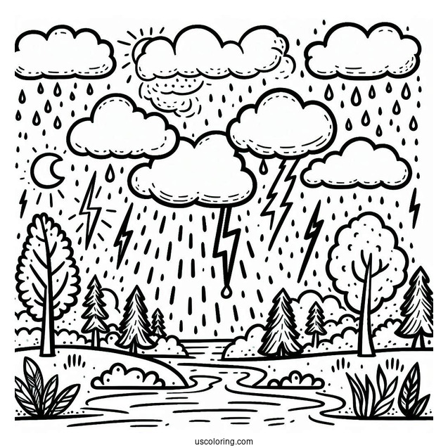 Rain Coloring Page Of Rainclouds With Lightning