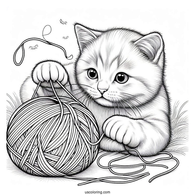 Coloring Sheet Of Realistic Cat Playing With Yarn