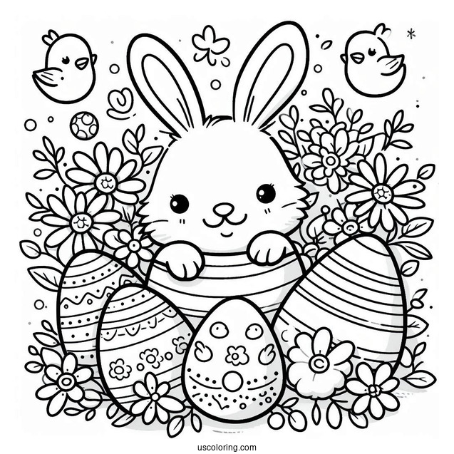 Smiling Easter Egg Coloring Page Bunny with Chicks and Flowers