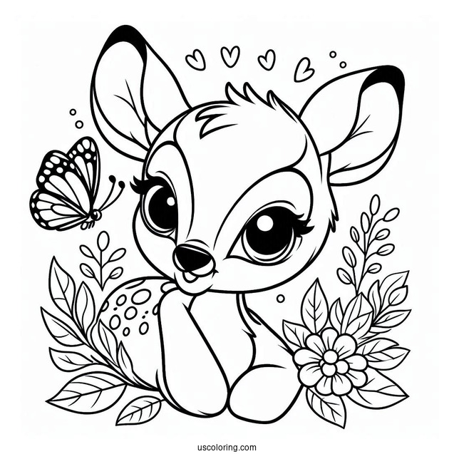Coloring Page Of Bambi With Butterfly On Nose