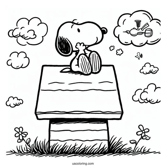 Snoopy Sitting On Dog House Imagining He Is Flying