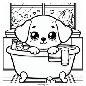 Puppy Sitting In A Bathtub By The Window Coloring Sheet