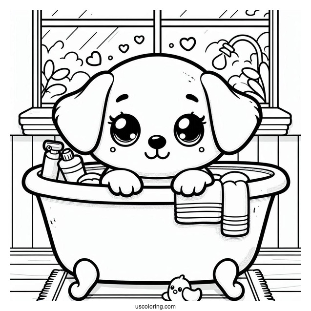 Puppy Sitting In A Bathtub By The Window Coloring Sheet