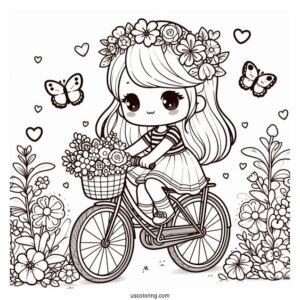 Kawaii Little Girl Riding Bicycle Coloring Page With Flowers For Kids