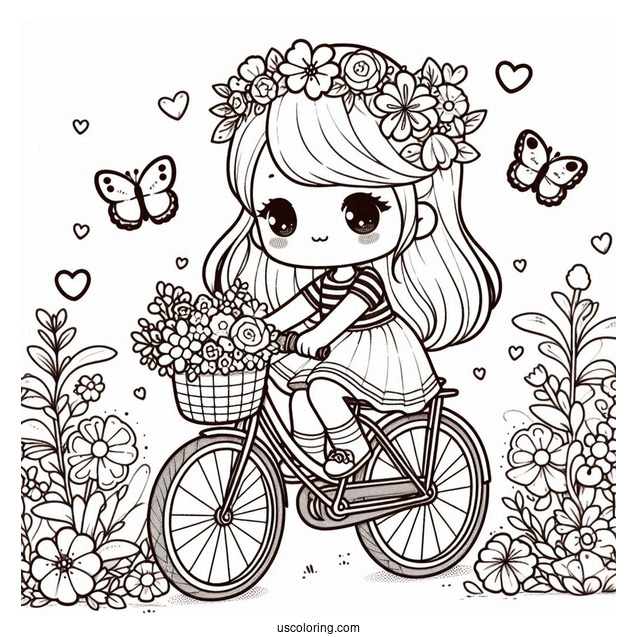 Kawaii Little Girl Riding Bicycle Coloring Page With Flowers For Kids