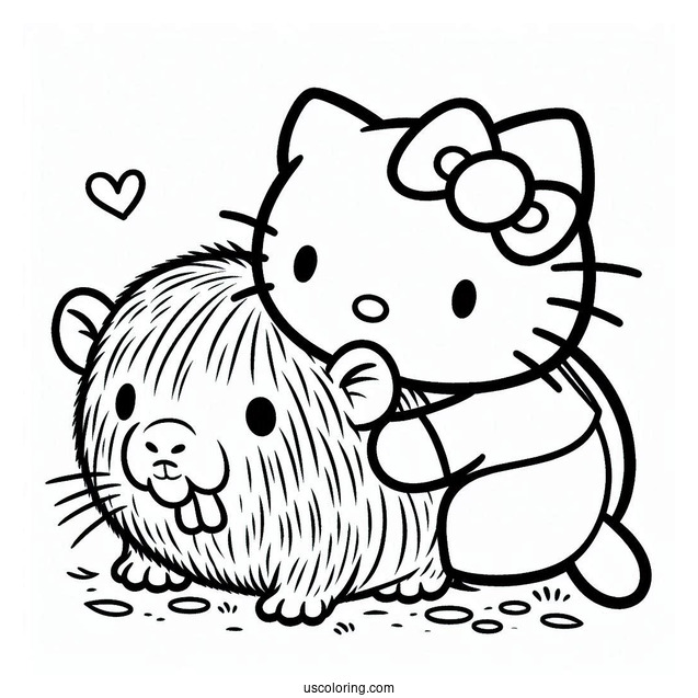 Hello Kitty Hugging A Capybara Coloring Page For Kids