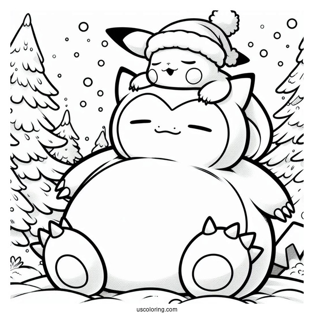 Pikachu Sleeping On Top Of Snorlax Coloring Page In Winter