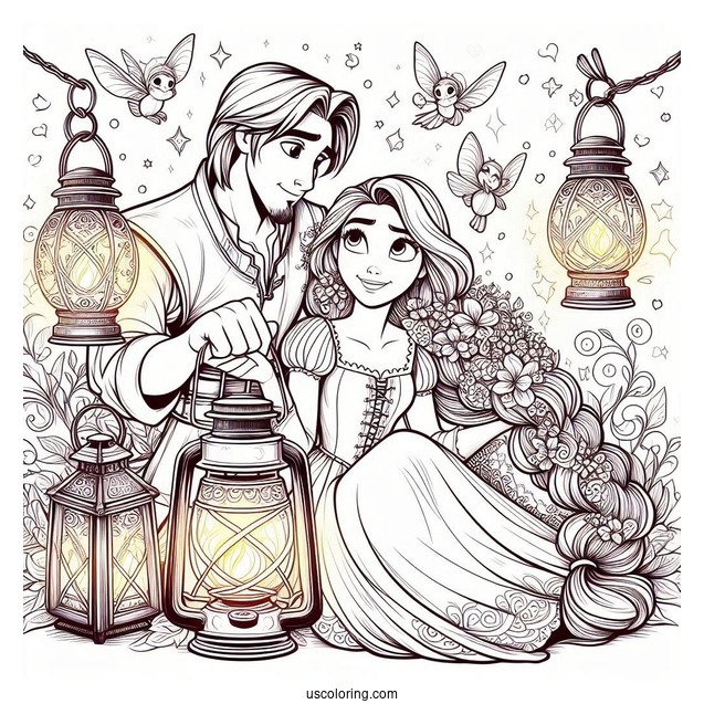 Rapunzel And Eugene With Lanterns To Color