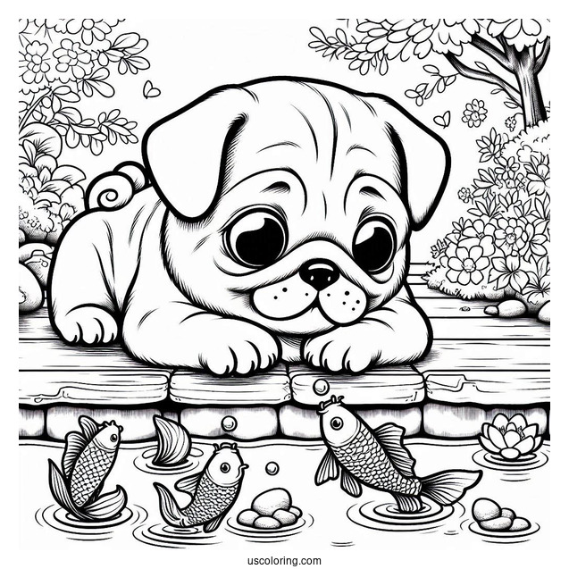 Curious Pug Coloring Page Playing with Koi Fish by the Pond