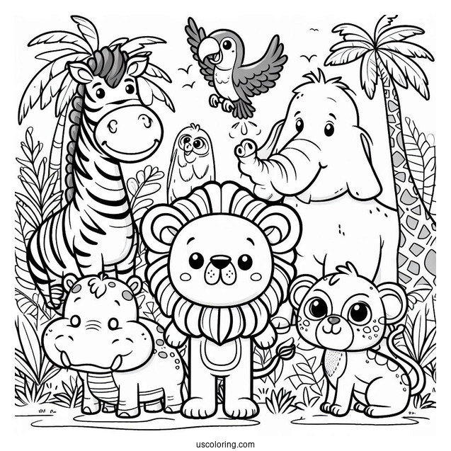 Jungle Coloring Page Of Cute Lion, Buffalo, Crocodile, Zebra, Toucan, Elephant, Giraffe, And Monkey