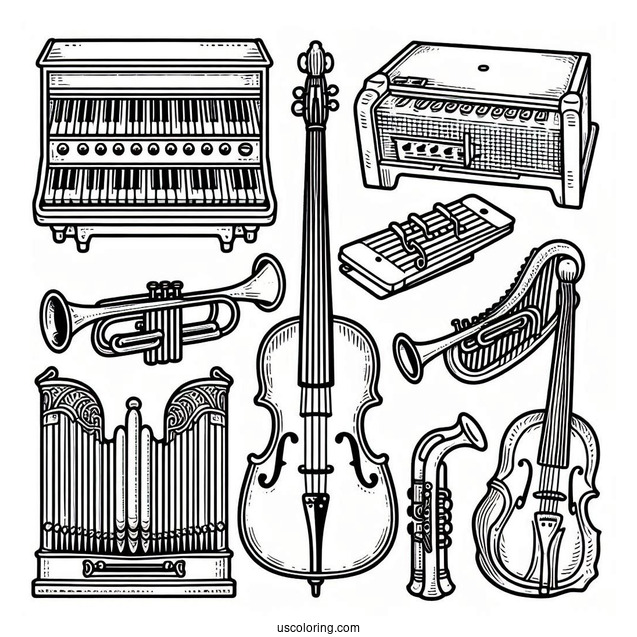 Music Coloring Page Of Organ, Electric Guitar, Trumpet, Violin, Harp, And Saxophone