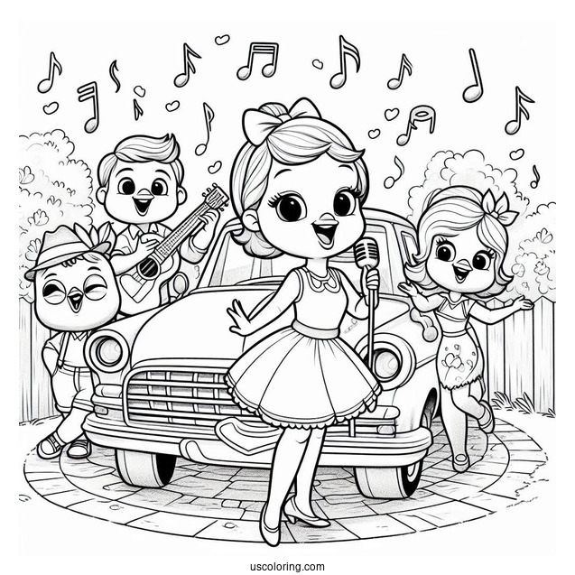 Sing Coloring Page Of Rosita, Gunter, And Friends Singing And Dancing In Front Of Car