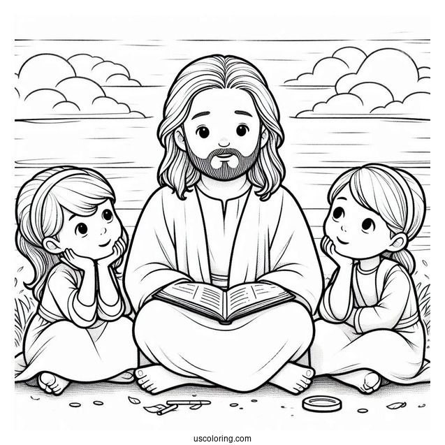 Boys And Girls Listening To Jesus Coloring Page