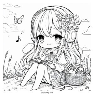 Chibi Girl Listening To Music While Sitting On Grass