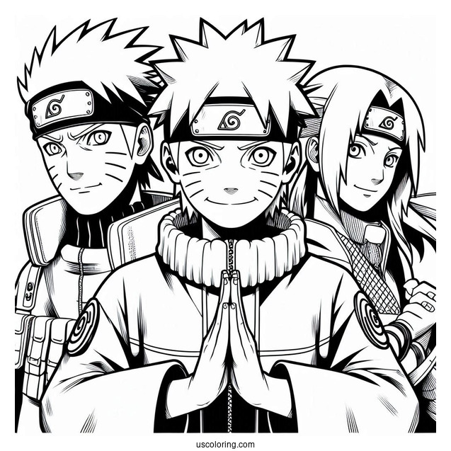 Naruto Coloring Page of Team Seven With Kakashi, Iruka, And Third Hokage