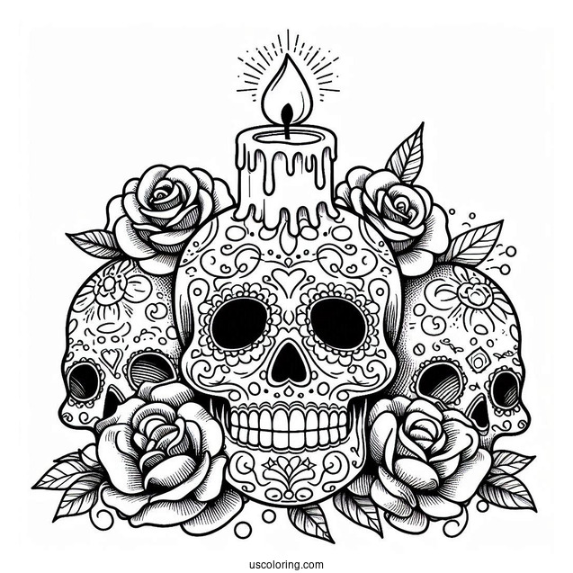 Sugar Skulls Coloring Page With Two Roses And A Lit Candle On Its Head