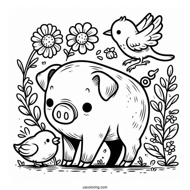 Cute Cartoon Pig With Bird