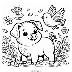 Cute Cartoon Pig With Bird