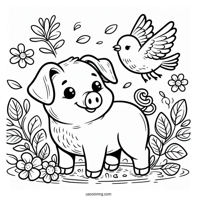 Cute Cartoon Pig With Bird