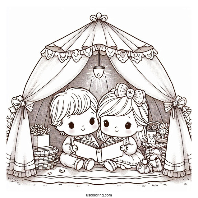 Precious Moments Coloring Page Of Girl And Boy Reading Inside Tent