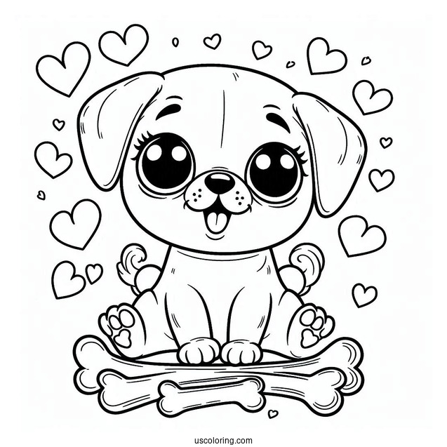 Coloring Page Of Baby Pug With Bones And Hearts