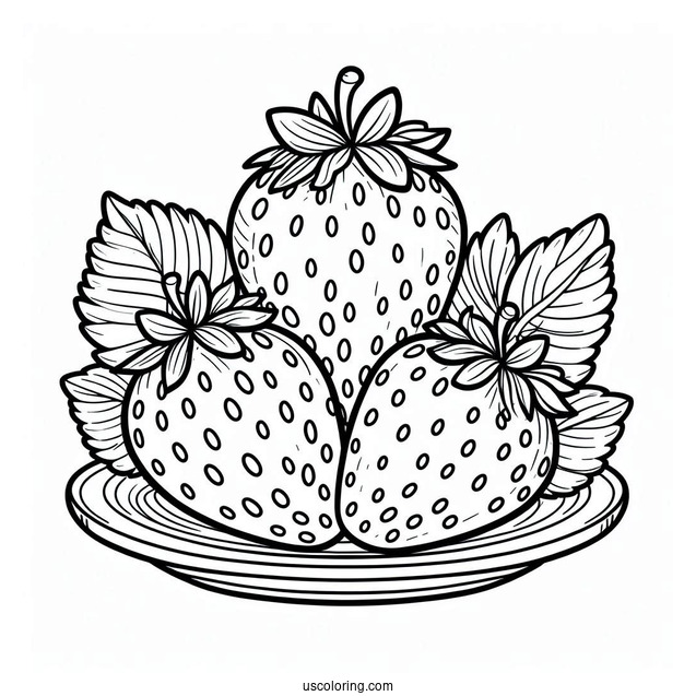Pretty Strawberry Coloring Page On A Plate For Kids