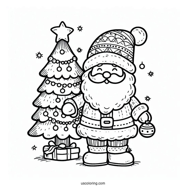 Santa Claus With Christmas Tree Coloring Page